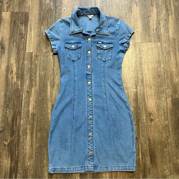 Guess Denim Mid Wash Fitted Short Sleeve Mini Dress Bodycon Stretch Size XS - Picture 5 of 14